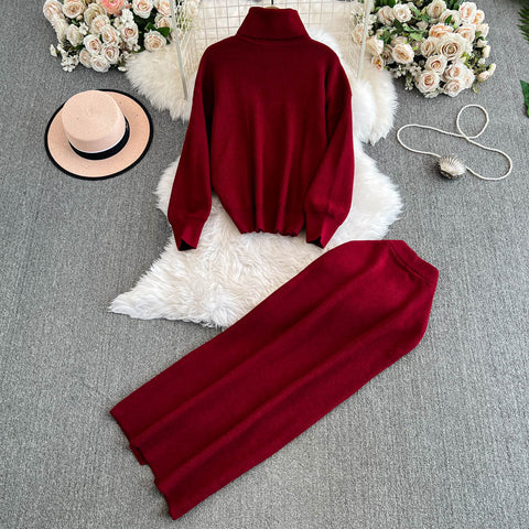 Turtleneck Sweater&Split Skirt 2Pcs