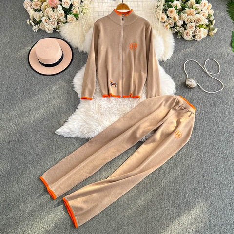 Zipped Cardigan&Wide-leg Trousers 2Pcs