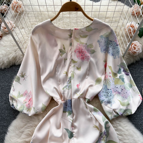Japanese-Inspired Floral Print V-Neck Dress