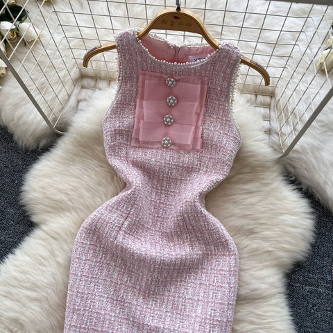 Sweetie Round Collar Pink Tweed Dress