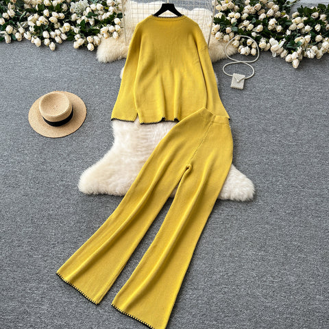 Round-collar Sweater&Trousers 2Pcs