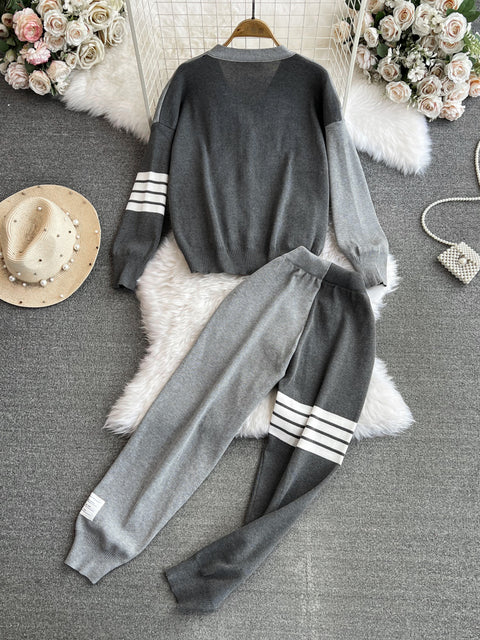 V-neck Cardigan&Drawstring Trousers 2Pcs