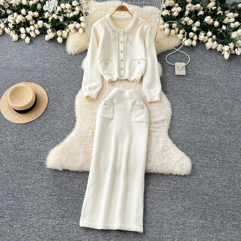 Beaded Cardigan&Slim Skirt Knitted 2Pcs