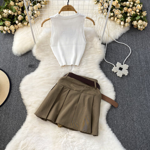 Hollowed Knitwear&Pleated Skirt 2Pcs