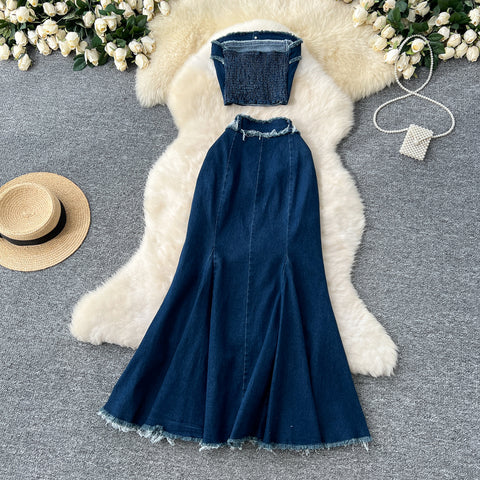 Tank Top & Fringed Skirt Denim 2Pcs