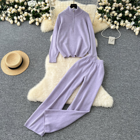 Zipped Knitwear&Trousers Knitted 2Pcs
