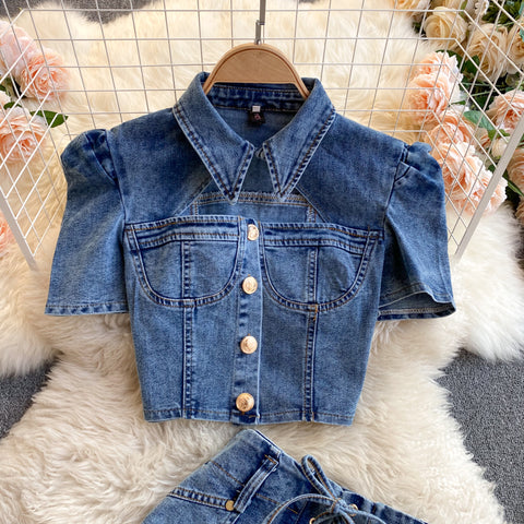 Shirt&Lace-up Shorts Denim 2Pcs