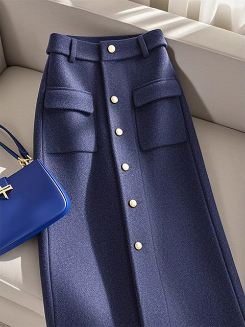 French Style Blue Tweed Half-body Skirt