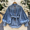 Vintage Stand Collar Lace-up Denim Shirt