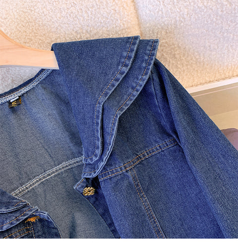 Double-layered Collar Denim Short Jacket