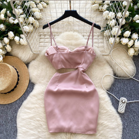 Rhinestone Studded Hollowed Pink Slip Dress