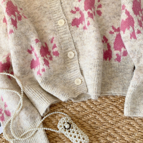 Thermal Round Collar Printed Cardigan