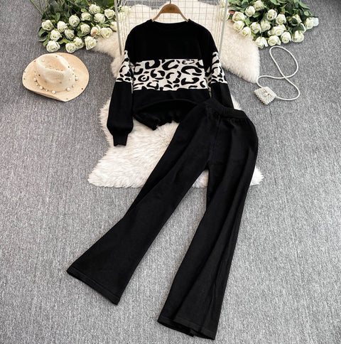 Jacquard Sweater&Trousers Knitted 2Pcs