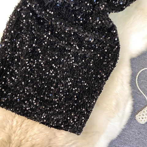 Rhinestone Studded Shiny Black Halter Dress