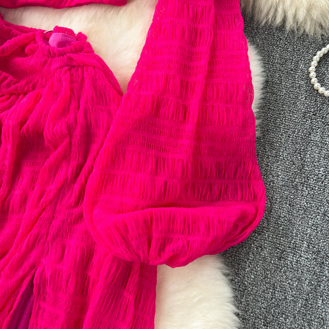 Slant Neckline Hollowed Rose Red Dress