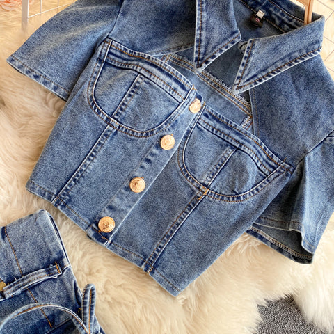 Shirt&Lace-up Shorts Denim 2Pcs