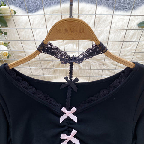 Lace Patchwork Drawstring Black Dress