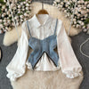 Irregular Design Denim Vest&White Shirt 2Pcs