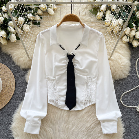 High-end Lace Patchwork Lapeled Blouse
