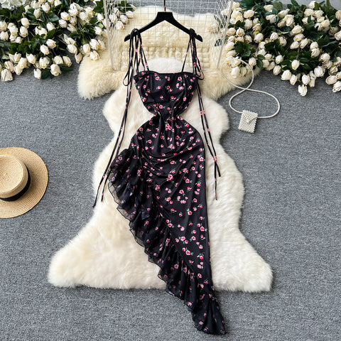 Asymmetric Mesh Floral Black Dress