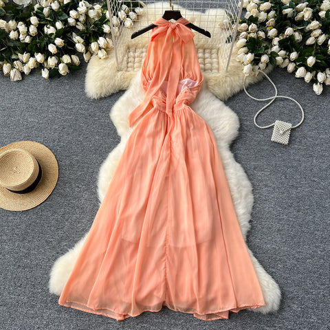 Orange Sleeveless Halter Chiffon Dress