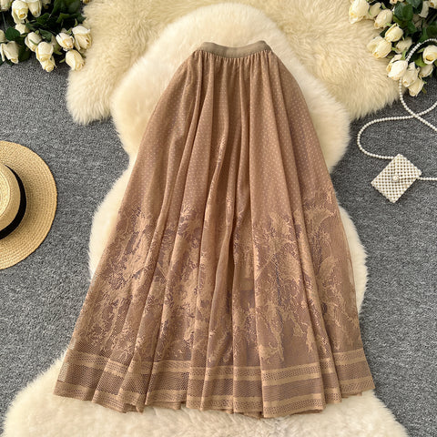 Hollowed Embroidered Mesh Half-body Skirt