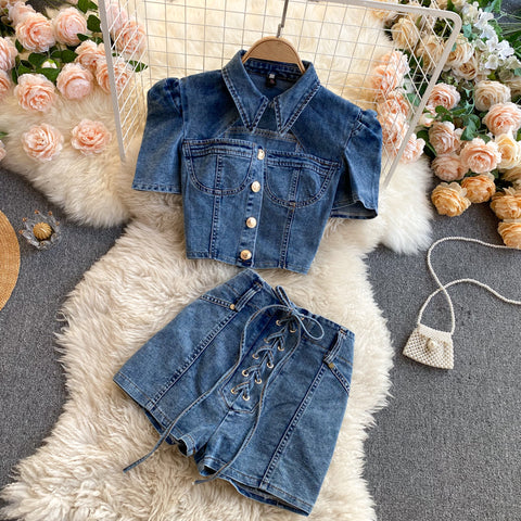 Shirt&Lace-up Shorts Denim 2Pcs
