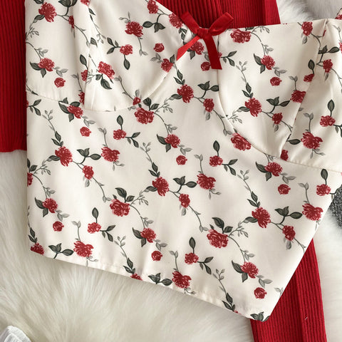 Cardigan&Floral Camisole&Skirt 3Pcs