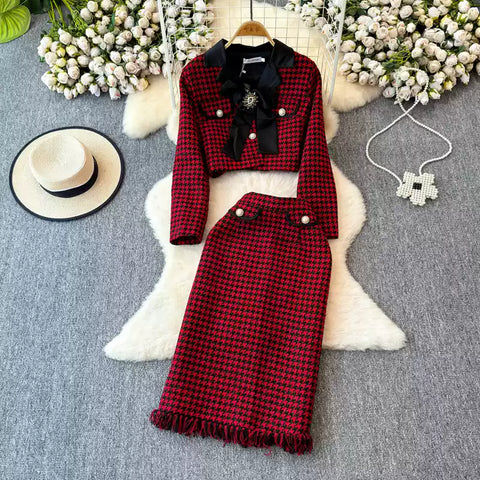 Bow Cardigan&Skirt Houndstooth 2Pcs