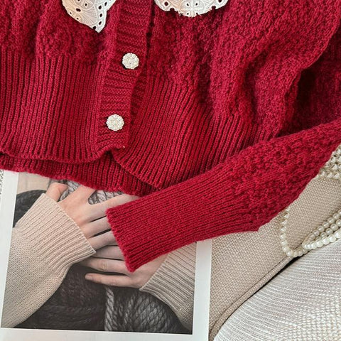 Lace Bow-tie Christmas Red Cardigan