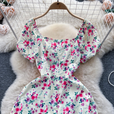 Ruffled Neckline Floral Split Dress