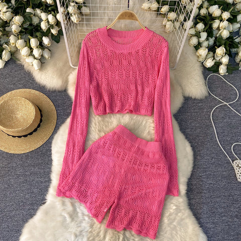 Crew Neck Top&Shorts Knitted 2Pcs