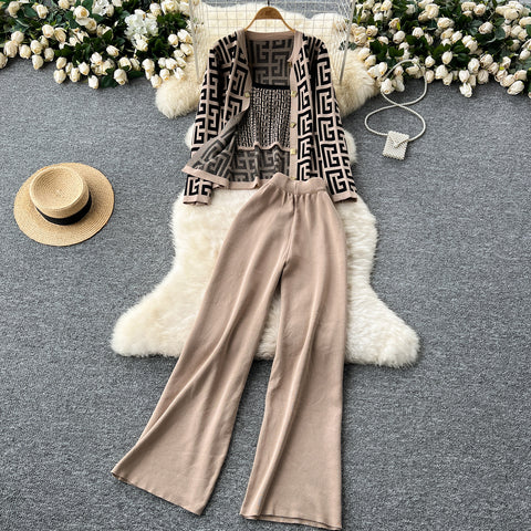 Maze Pattern Cardigan&Camisole&Trousers 3Pcs