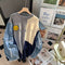 Round Collar Distressed Denim Patchwork Sweater