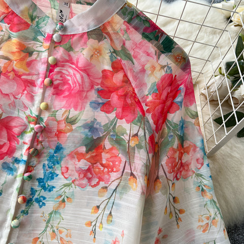 Single-breasted Top&Half-body Skirt Floral 2Pcs