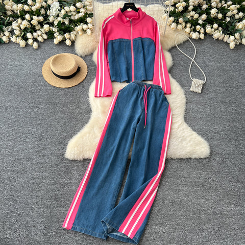 Zipped Cardigan&Jeans Denim Patchwork 2Pcs