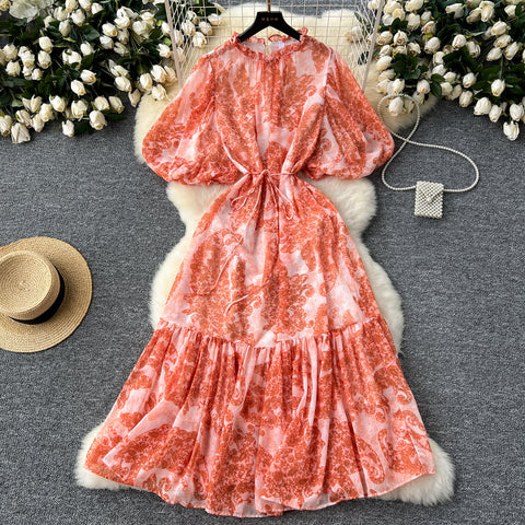French Style Puffy Sleeve Ruffled Dress