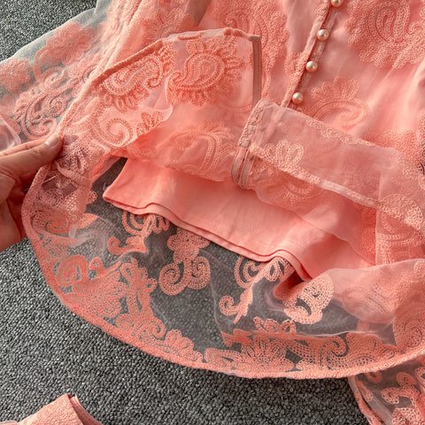 Embroidered Mesh Shirt & Skirt 2Pcs