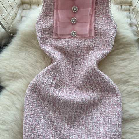 Sweetie Round Collar Pink Tweed Dress