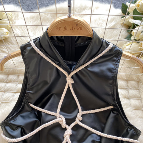 Niche Strappy Skinny Black PU Bodysuit