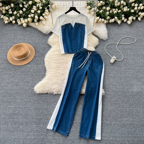 Patchwork Top&Trousers Denim 2Pcs