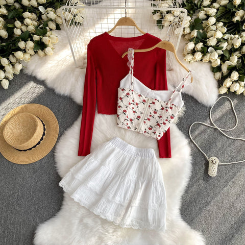Cardigan&Floral Camisole&Skirt 3Pcs