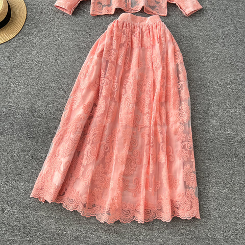 Embroidered Mesh Shirt & Skirt 2Pcs
