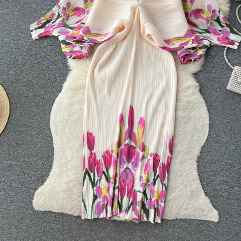 High-end Pleated Floral Printed Dress