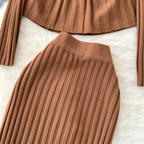 Waist-slimming Knitwear&Skirt Striped 2Pcs