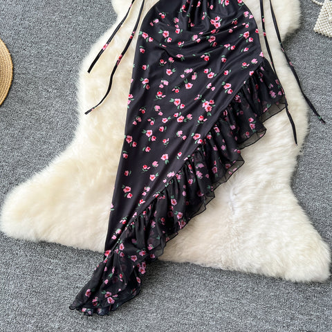 Asymmetric Mesh Floral Black Dress