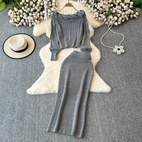 Twisted Neckline Sweater&Skirt 2Pcs
