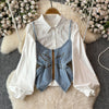 Beaded Denim Vest&White Shirt 2Pcs