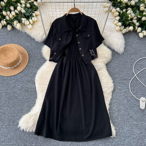 Short Shirt&Pleated Slip Dress 2Pcs