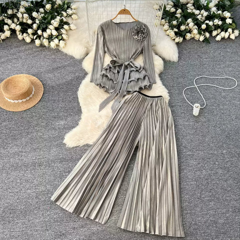 Ruffled Top & Wide-leg Trousers 2Pcs